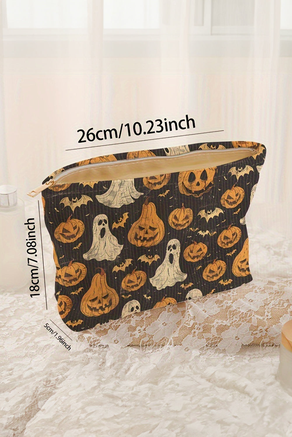 Striped Halloween Pumpkin Ghost Printed Makeup Bag