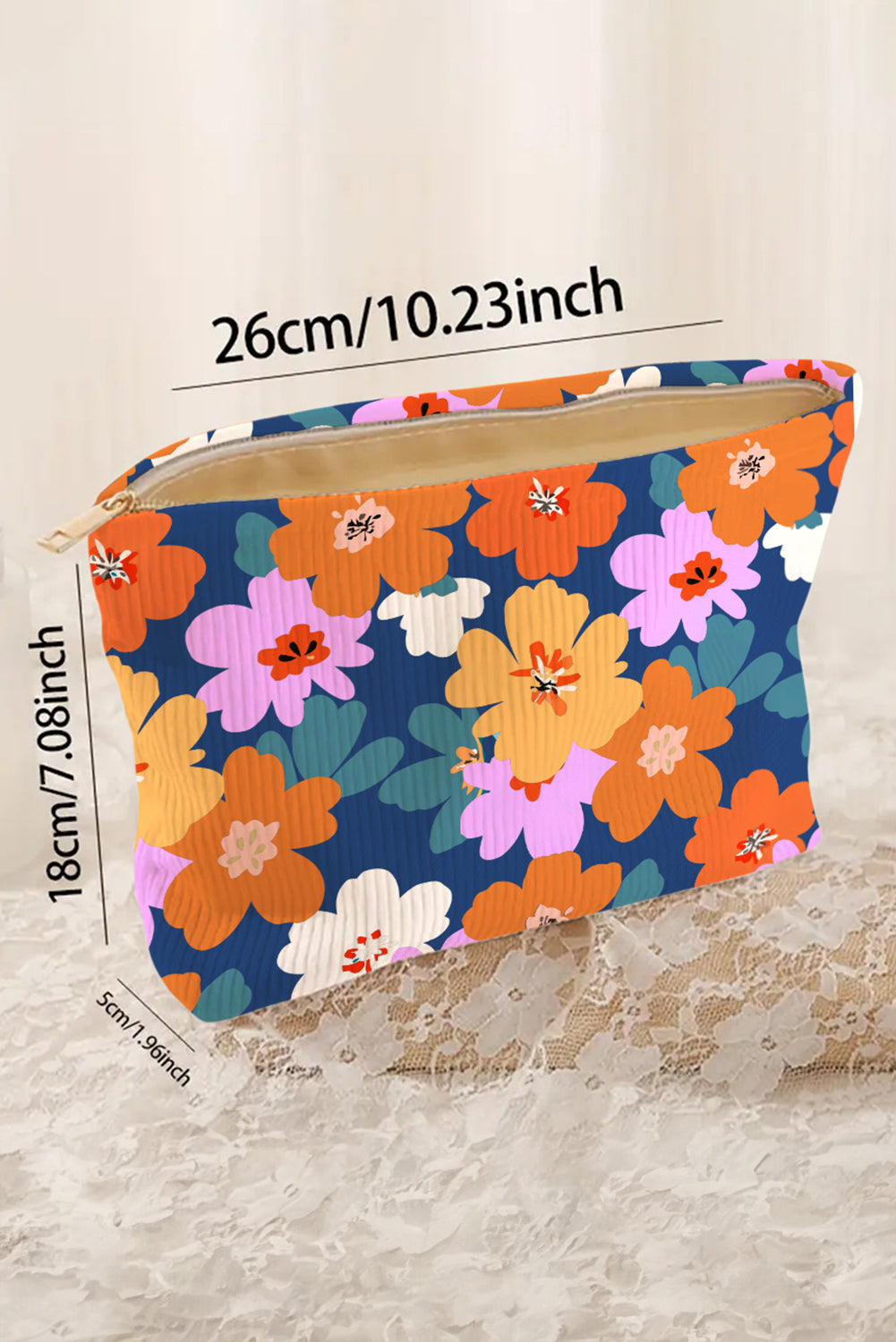 Flower Print Zipper Corduroy Large Cosmetic Bag