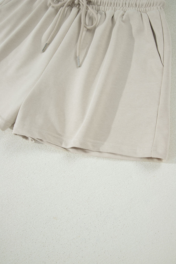 Smoke Gray Solid Color Puffy Loose Top Drawstring Shorts 2pcs Outfit