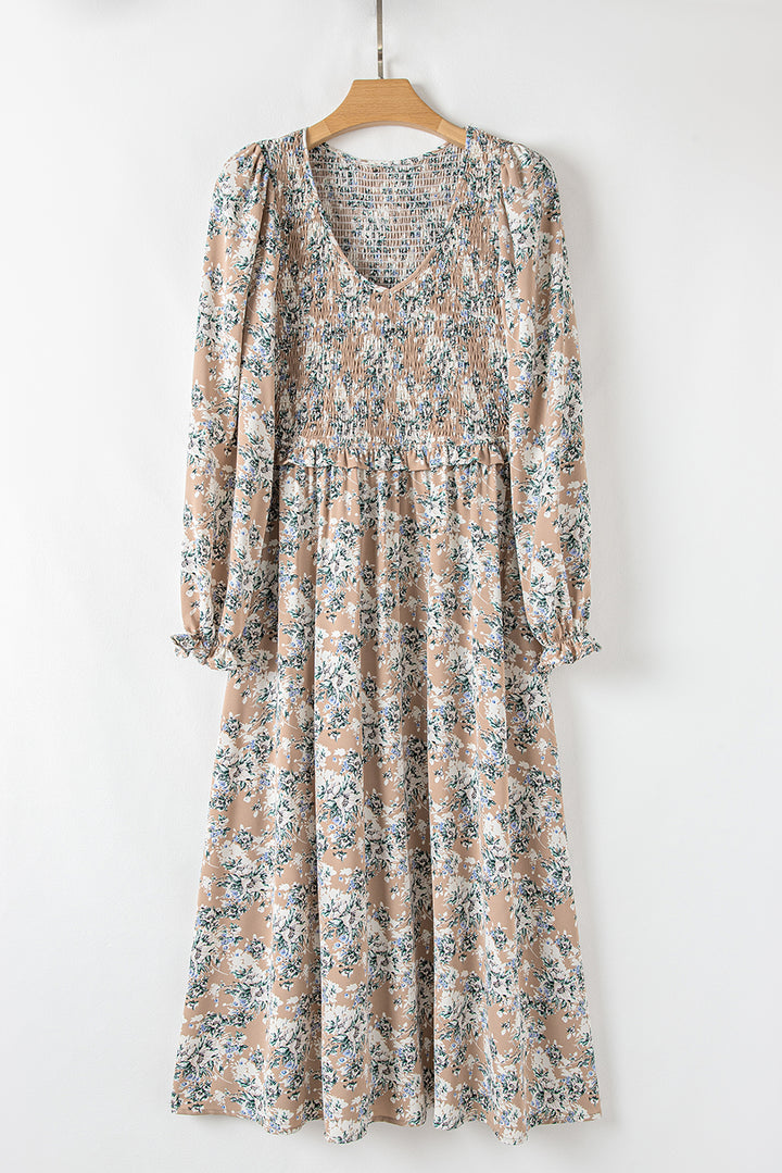 Maple Grove Floral Smocked Puff Sleeve Long Dress