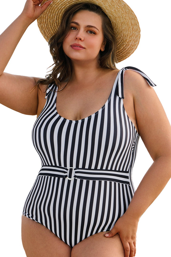Plus Size Self Tie Straps O-Ring Waistband One Piece Swimsuit