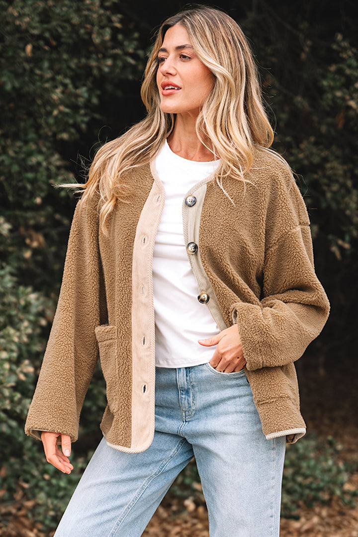 Light French Beige Puffy Plush Corduroy Edge Jacket with Big Pockets