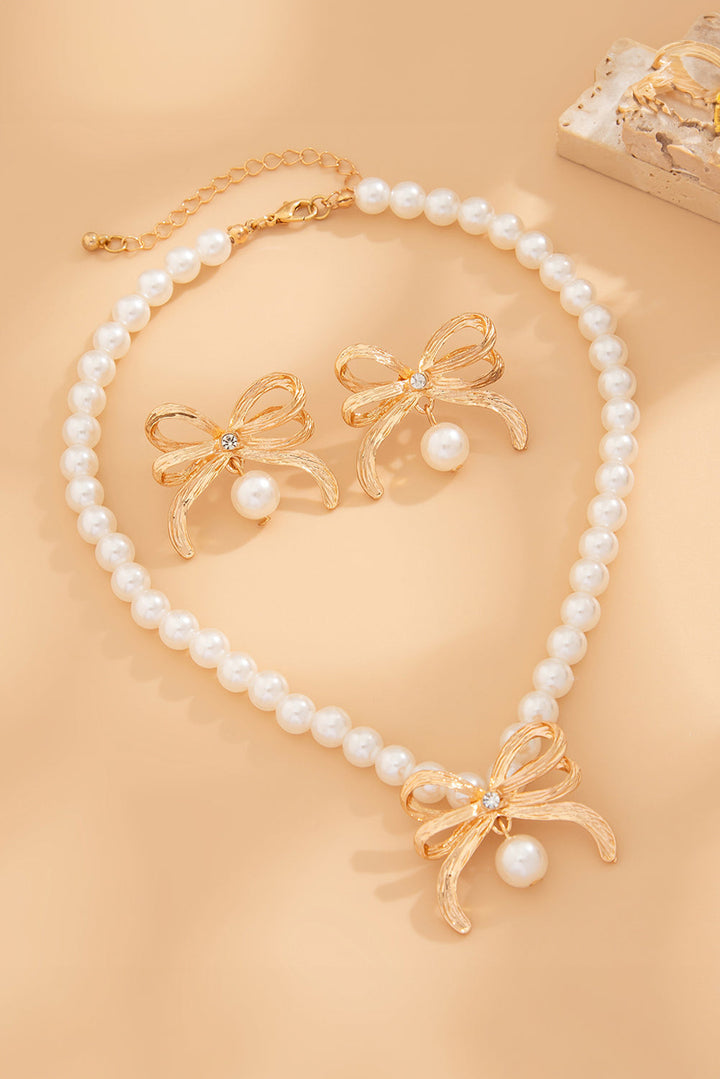 Rhinestone Pearl Bow Decor Plated Necklace and Earrings Set