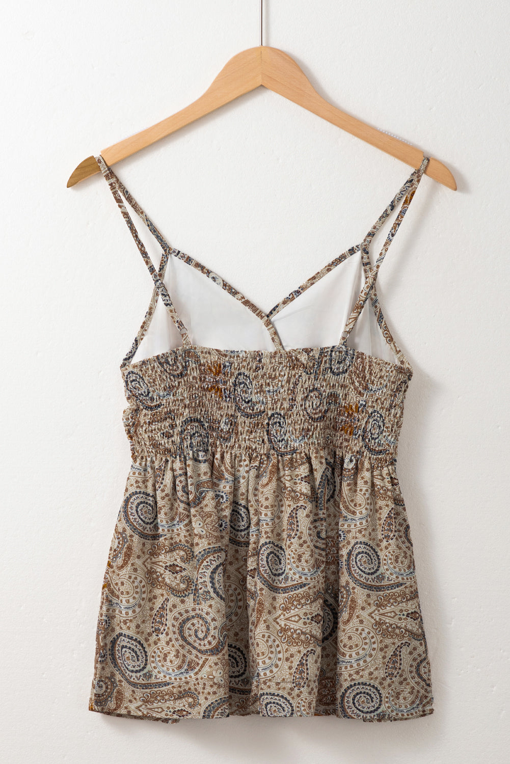 Paisley Printed Spaghetti Strap V Neck Smocked Babydoll Tank Top