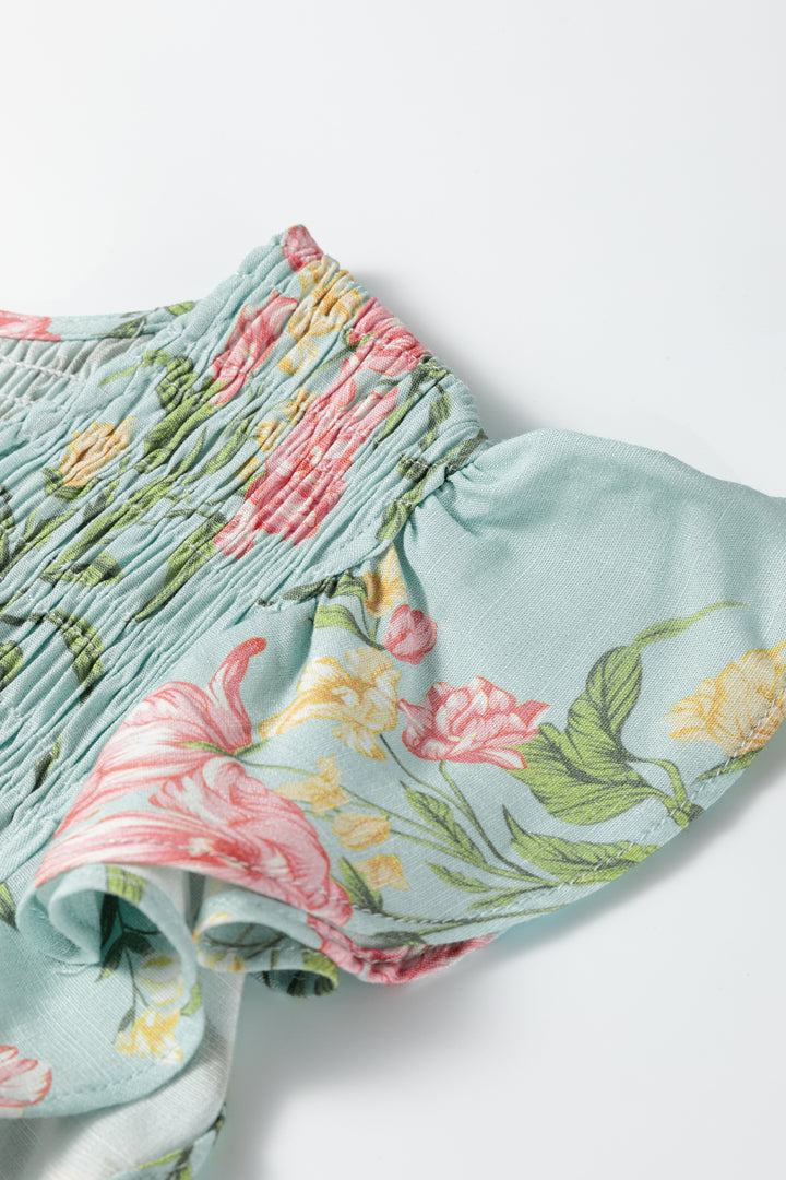 Smocked Bodice Ruffled Sleeveless Tiered Floral Maxi Dress