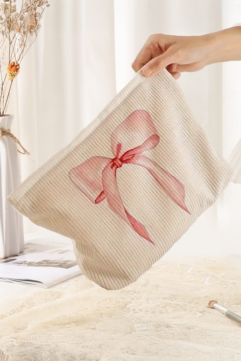 Bowknot Pattern Print Corduroy Zipper Large Cosmetic Bag