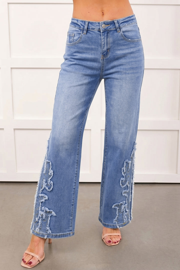 Fashion Ashleigh Blue Embroidered Western Print Flare Leg Full Length Jeans