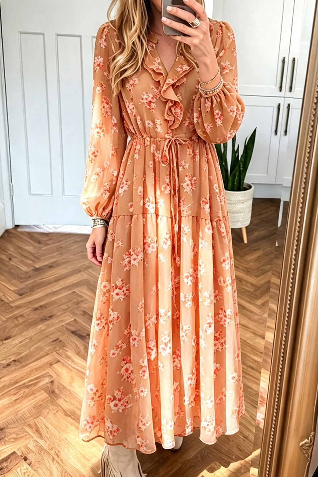Orange Floral Print Sheer Long Sleeve Ruffle Neck Drawstring Flowy Maxi Dress