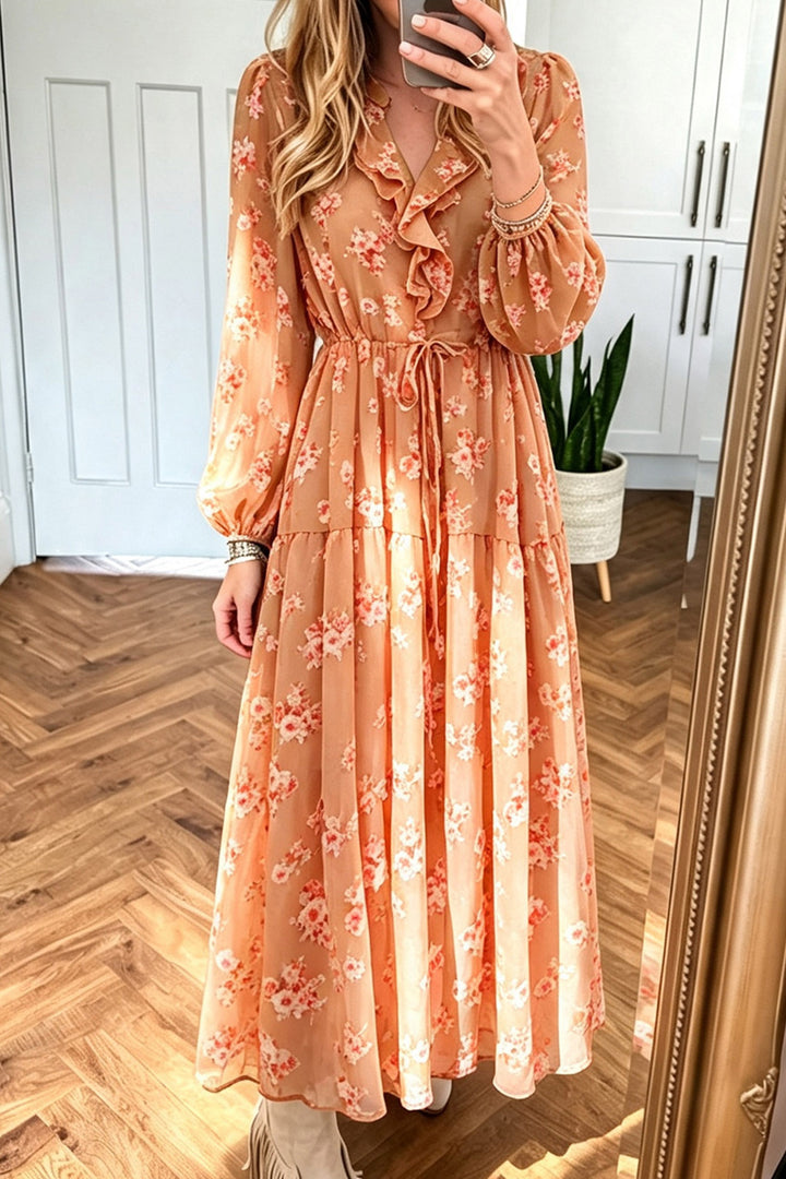 Orange Floral Print Sheer Long Sleeve Ruffle Neck Drawstring Flowy Maxi Dress