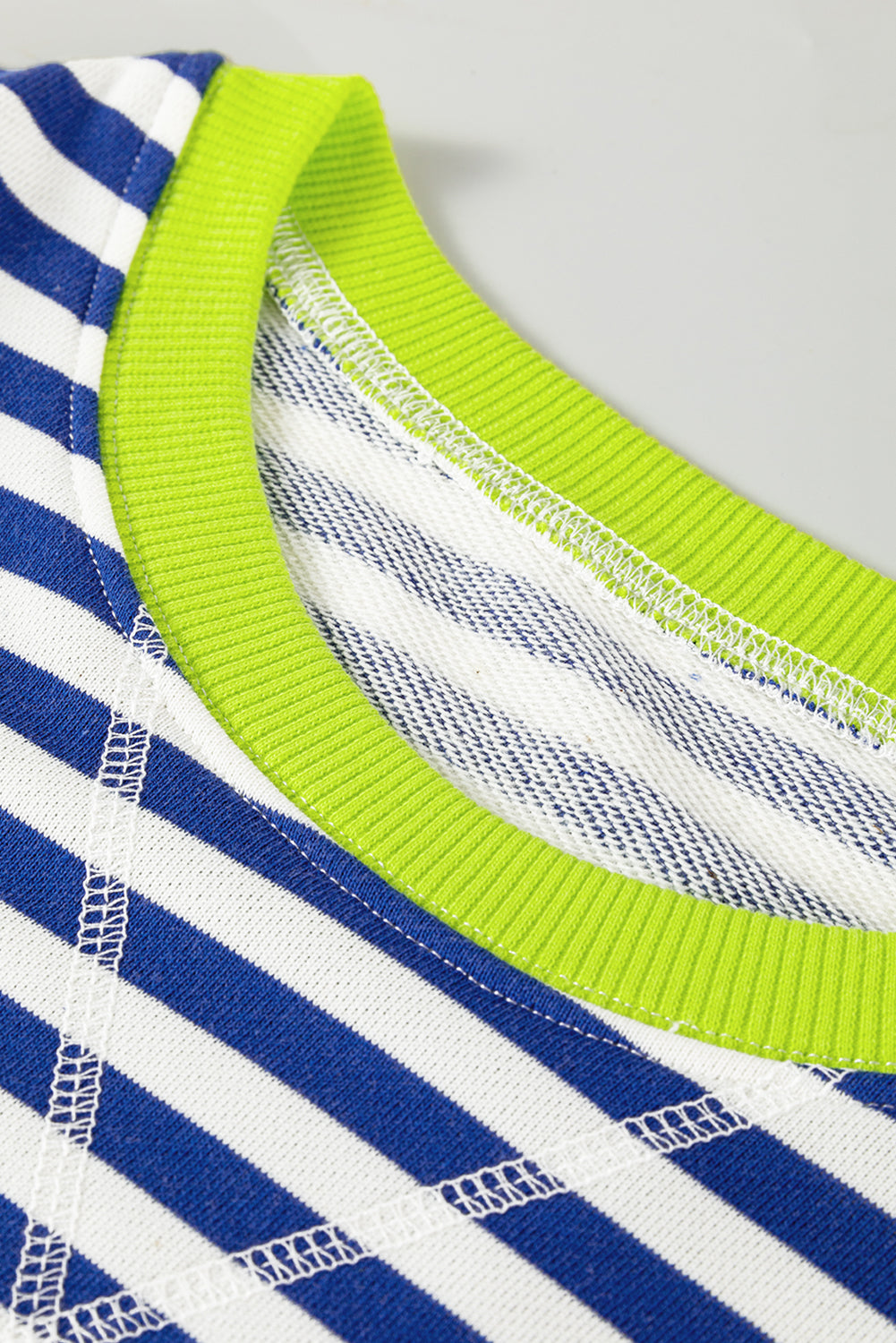 Striped Contrast Ribbed Trim Crossed Stitch Drop Shoulder Sweatshirt