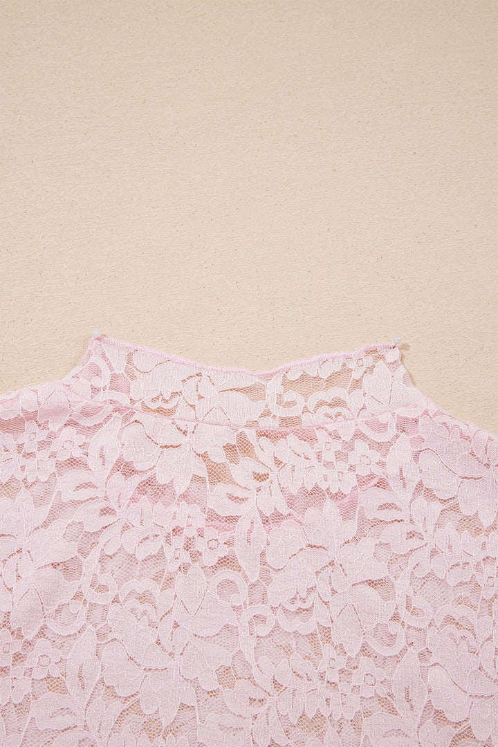 Light Pink Floral Lace Long Sleeve Stand Neck Pullover Top