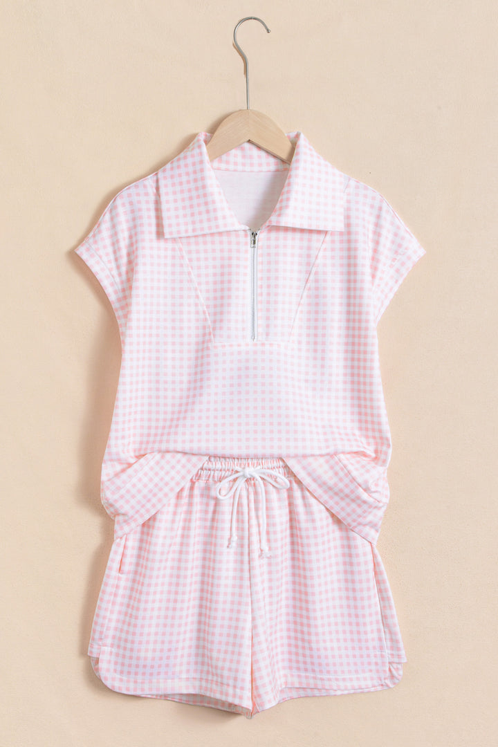 Pink Plaid Zip Neck Sleeveless Top Elastic Waist Shorts Casual Two Piece Short Set