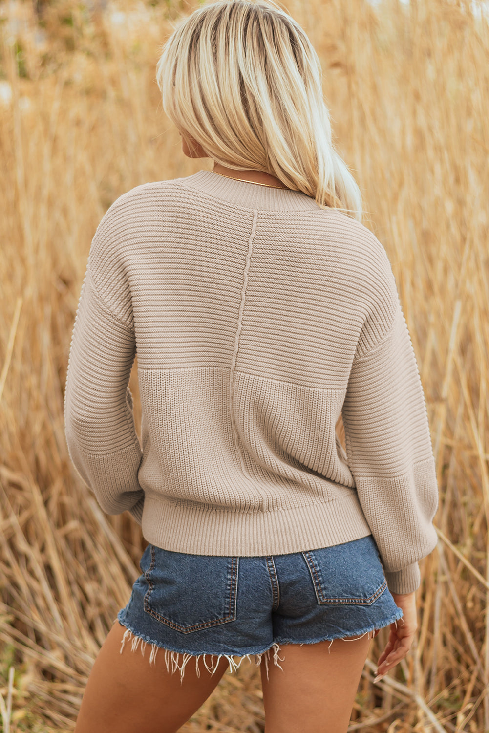 Mixed Texture Patchwork Knitted Puff Sleeve Sweater