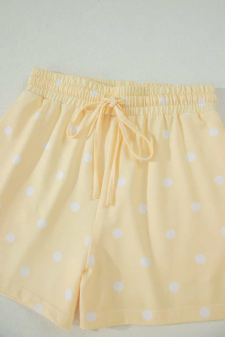 Yellow Polka Dot Short Sleeve Loose Top Drawstring Shorts Set