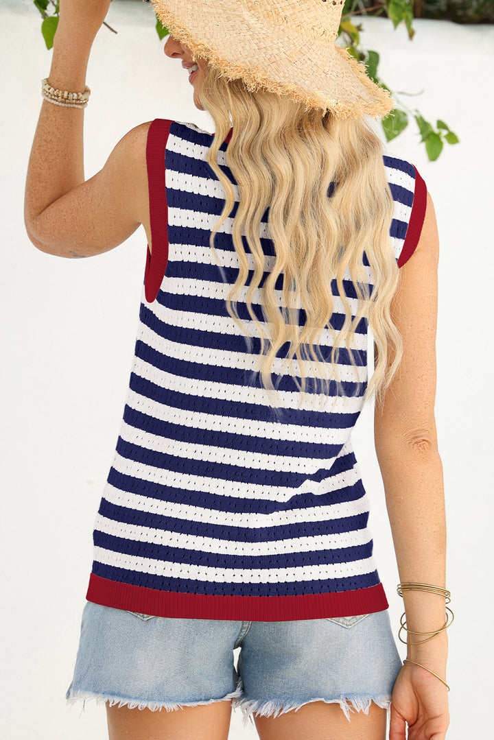 Navy Stripe Pointelle Knit Contrast Trim Sleeveless Sweater Top