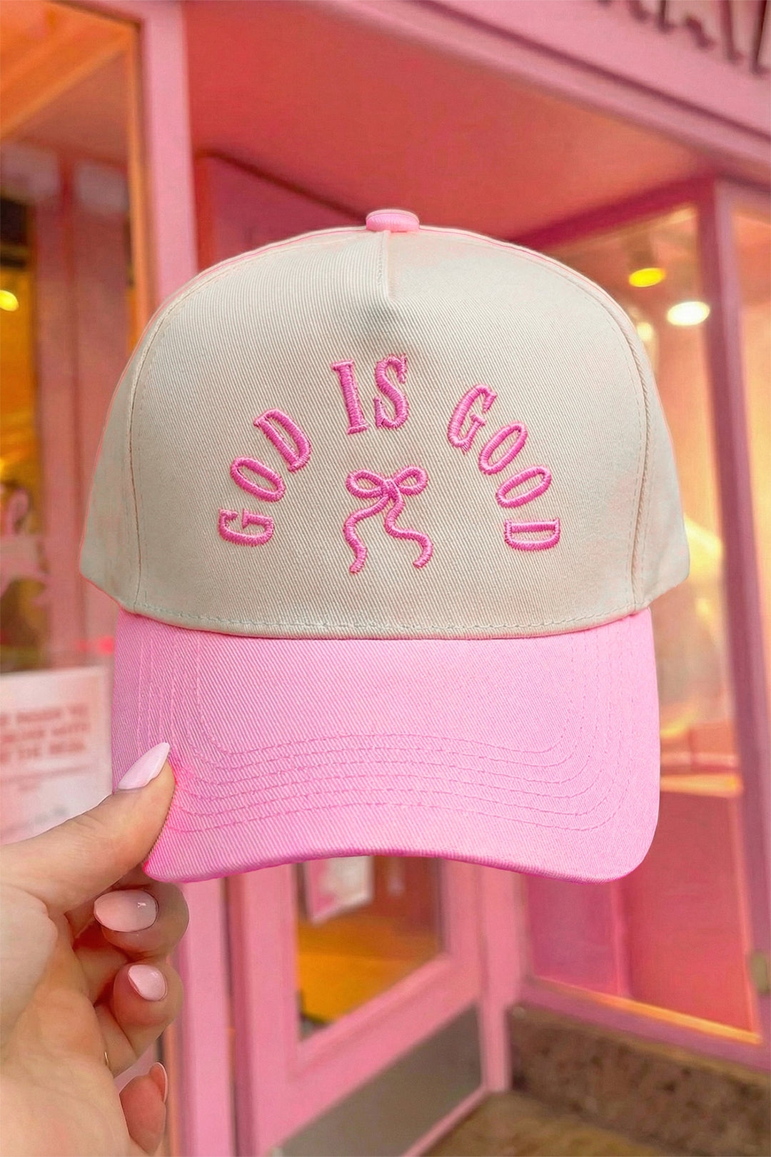 Pink GOD IS GOOD Embroidered Bow Color Block Baseball Cap