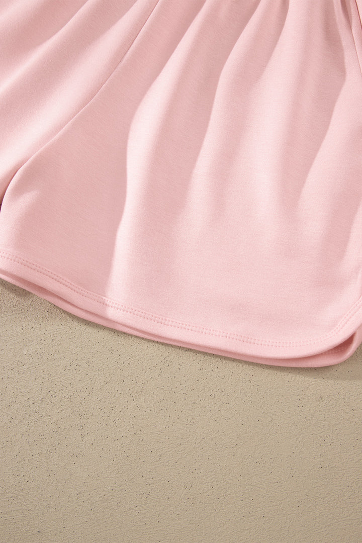 Light Pink Solid Color Exposed Seam Mock Neck Oversize Tee Casual Shorts 2pcs Outfit
