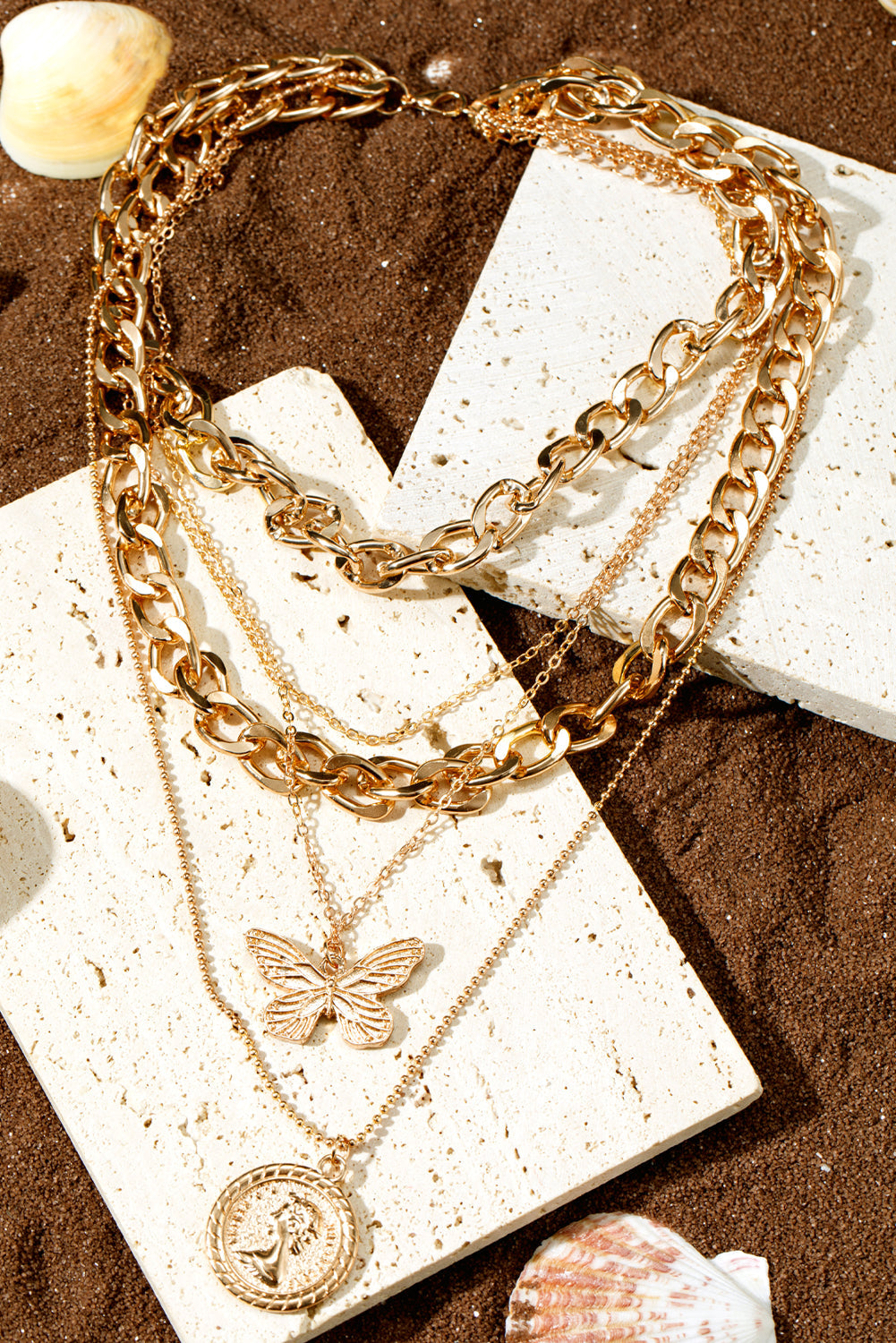 Plated Alloy Multilayer Butterfly Charm Necklace