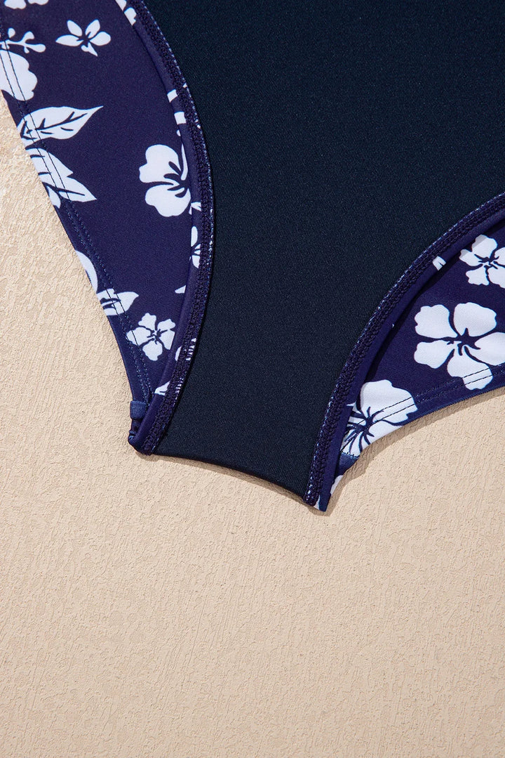 Blue Crossed Back Floral Print Asymmetric Knot Side One Piece Swimsuit