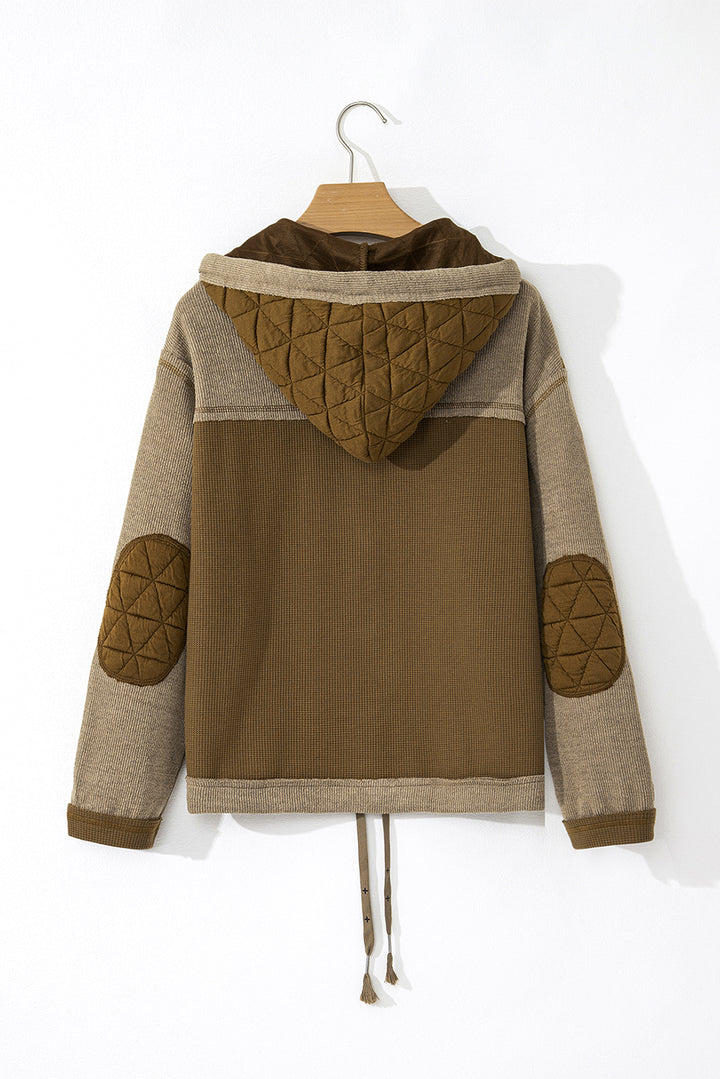 Green Quilted Textured Patchwork Loose Fit Hooded Jacket