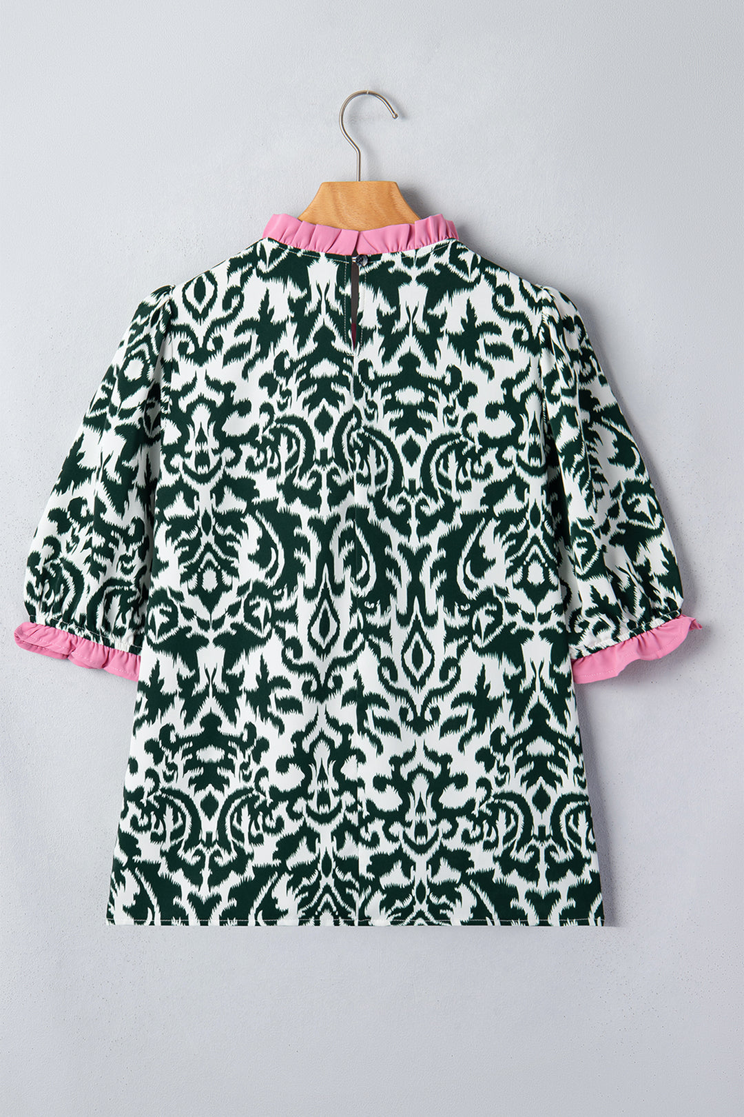 Green Damask Print Ruffled Color Block Detail Half Sleeve Blouse
