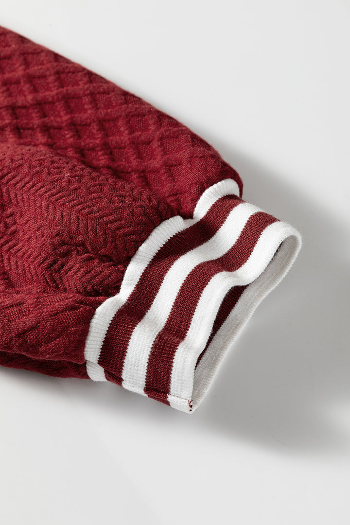 Racing Red Rhombus Textured Striped Patchwork Zip Neck Pullover Sweatshirt