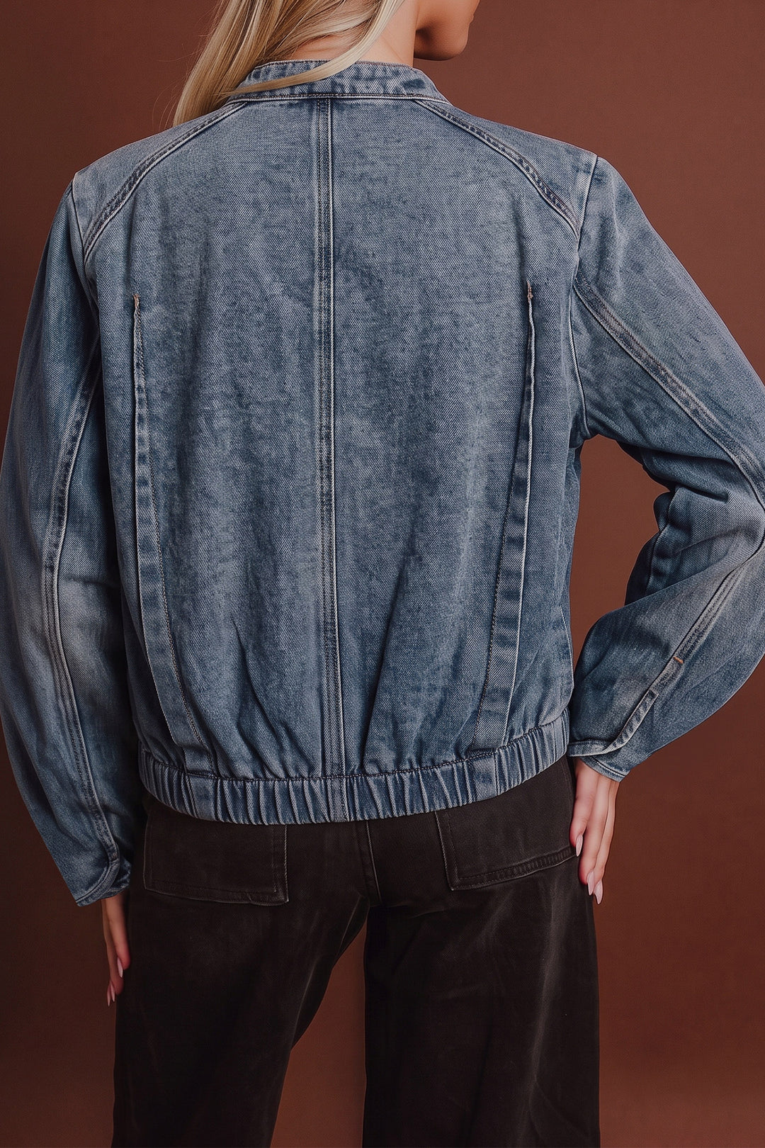 Navy Blue Button Collar Zip Up Vintage Washed Denim Jacket
