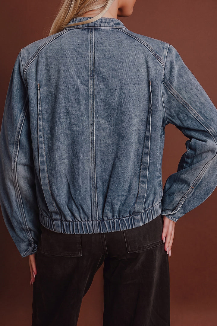 Navy Blue Button Collar Zip Up Vintage Washed Denim Jacket