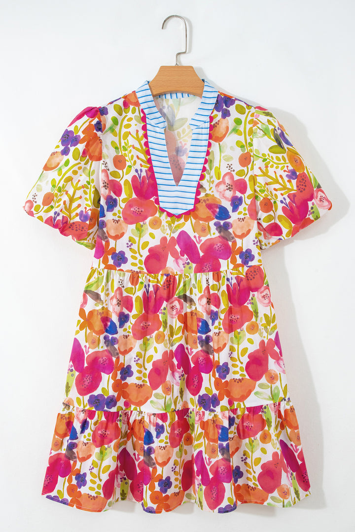 Rose Bright Floral Print Ricrac Trim Striped Patchwork V Neck Dress