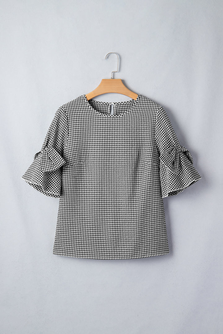 Black Plaid Bow Ruffled Half Sleeve Round Neck Blouse