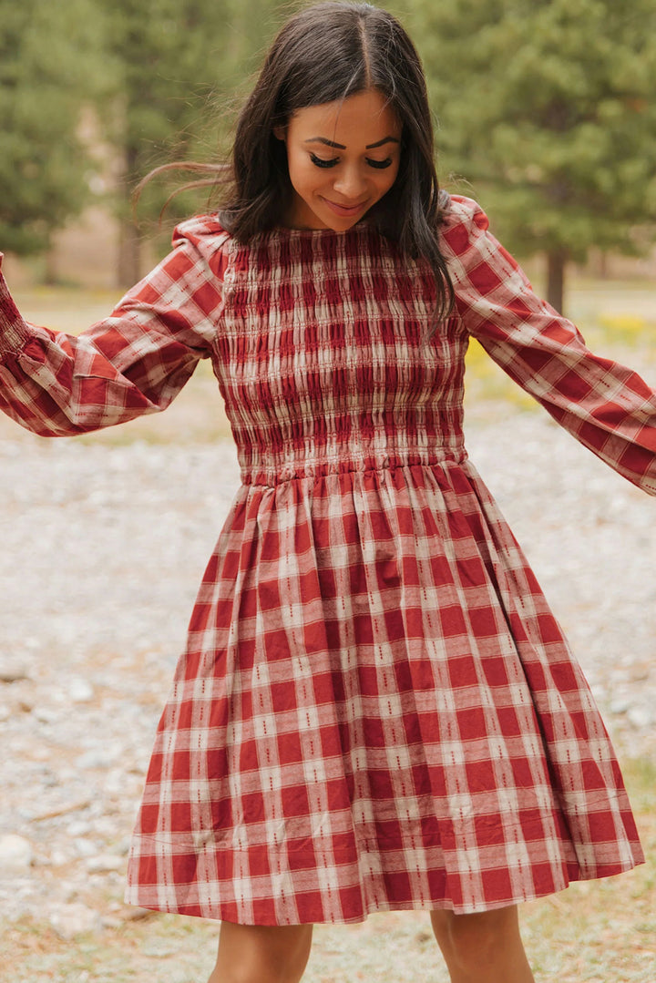Plaid Print Smocked Puff Sleeve Mini Dress