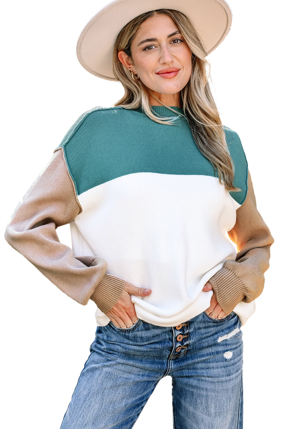 Color Block Plain Ribbed Knit Baggy Sweater