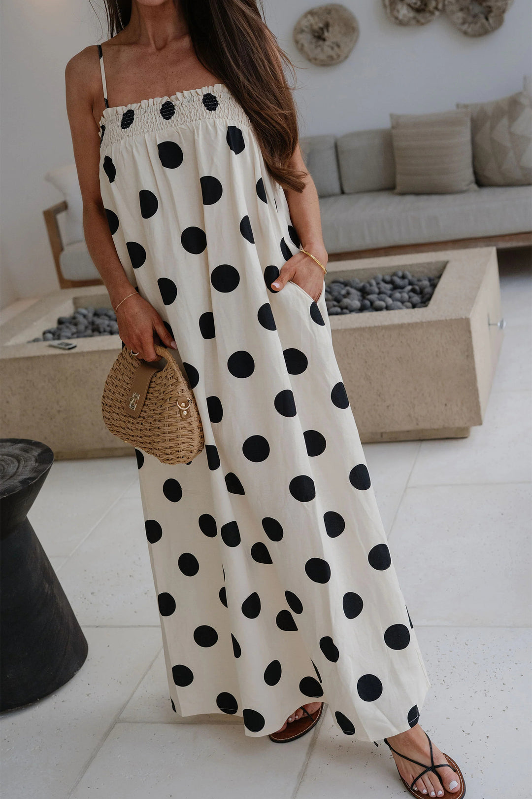 White Polka Dot Spaghetti Straps Maxi Dress