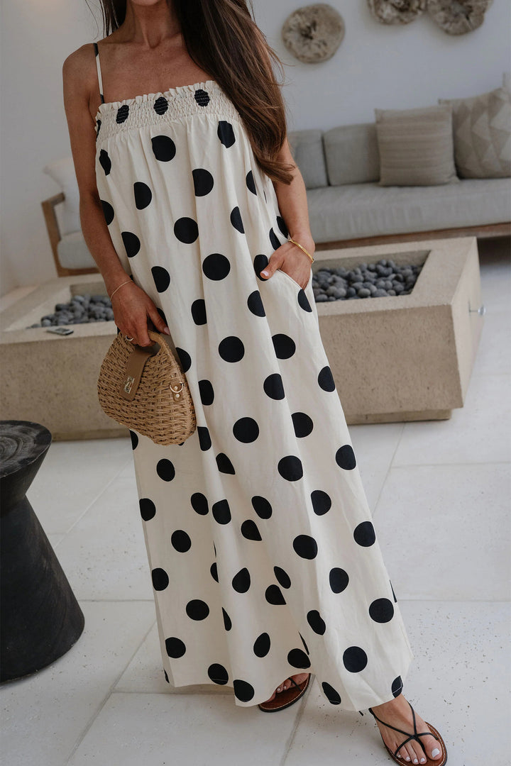 White Polka Dot Spaghetti Straps Maxi Dress