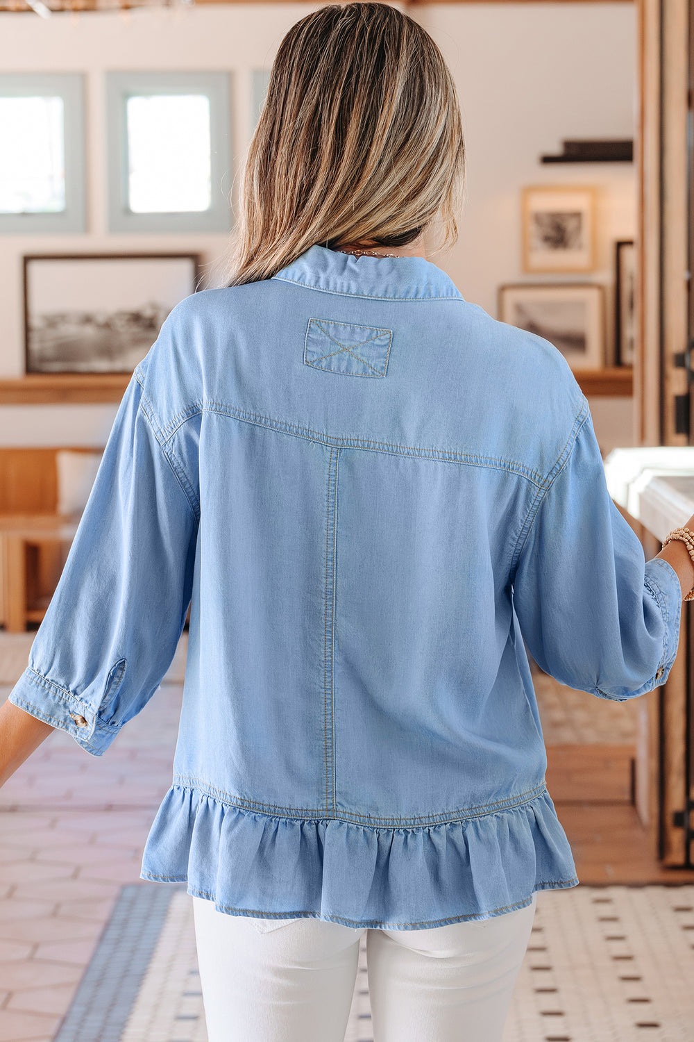 Half Sleeve Button Down Ruffled High Low Chambray Shirt