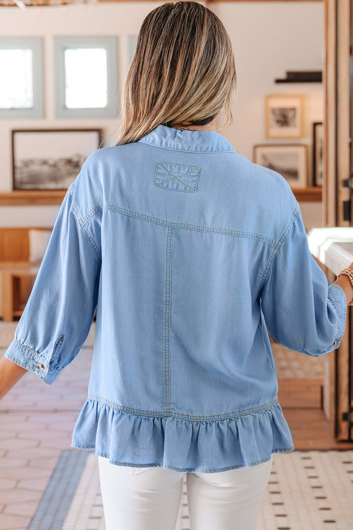 Half Sleeve Button Down Ruffled High Low Chambray Shirt
