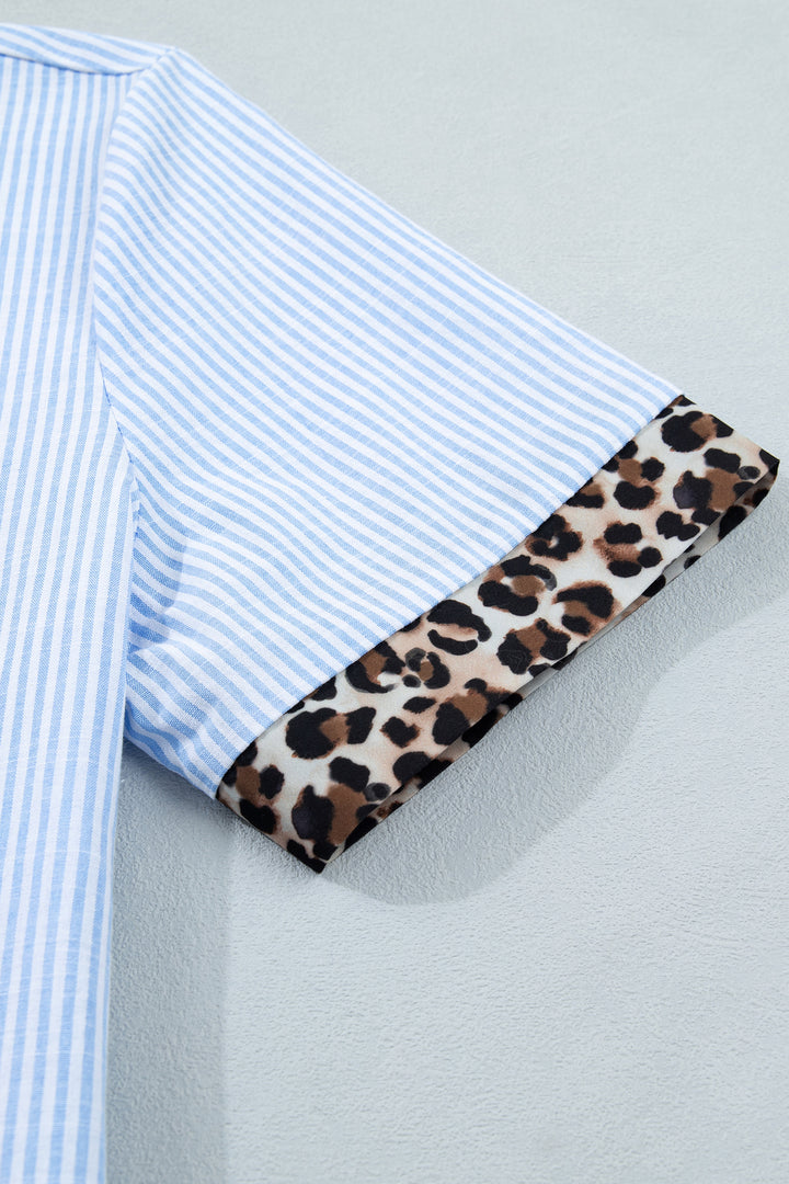 Sky Blue Stripe Leopard Contrast Collar Short Sleeve Shirt