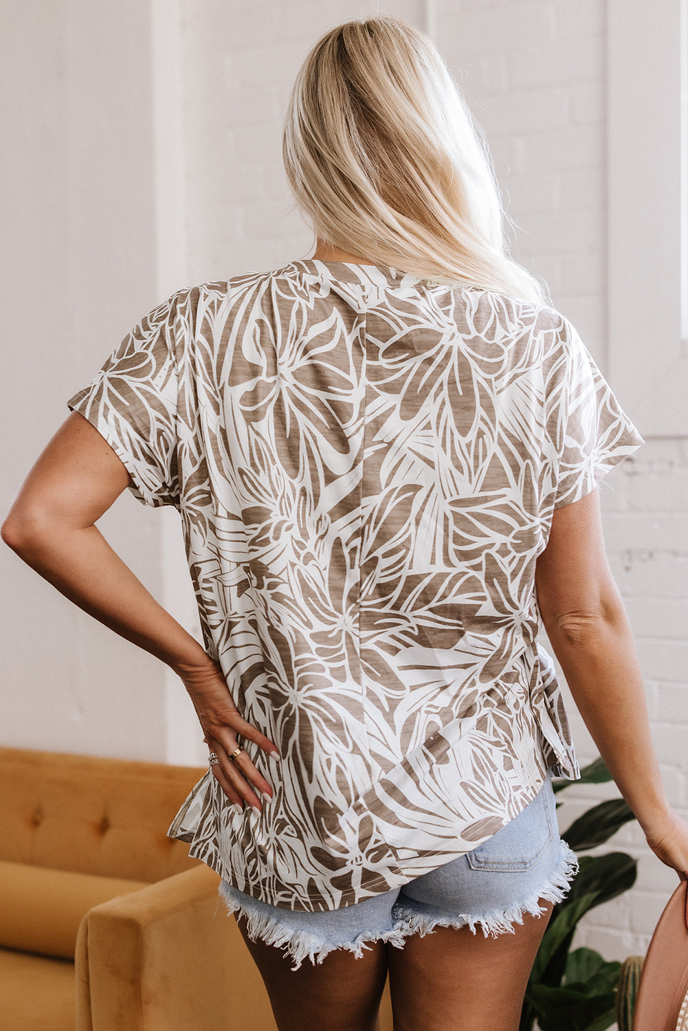 floral print v neck short sleeve loose fit blouse