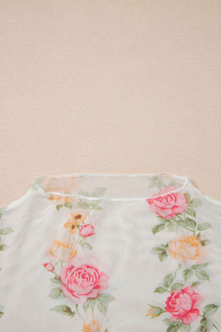 Beige Floral Print Mock Neck Short Sleeve Mesh Top