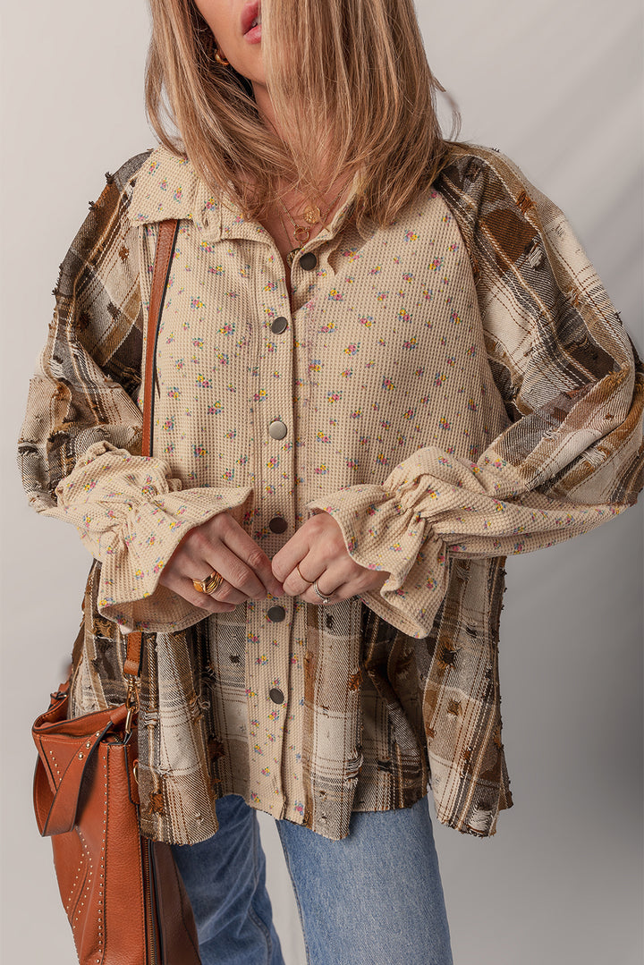 Oatmeal Boho Floral Plaid Patchwork Ruffled Sleeve Waffle Knit Shacket