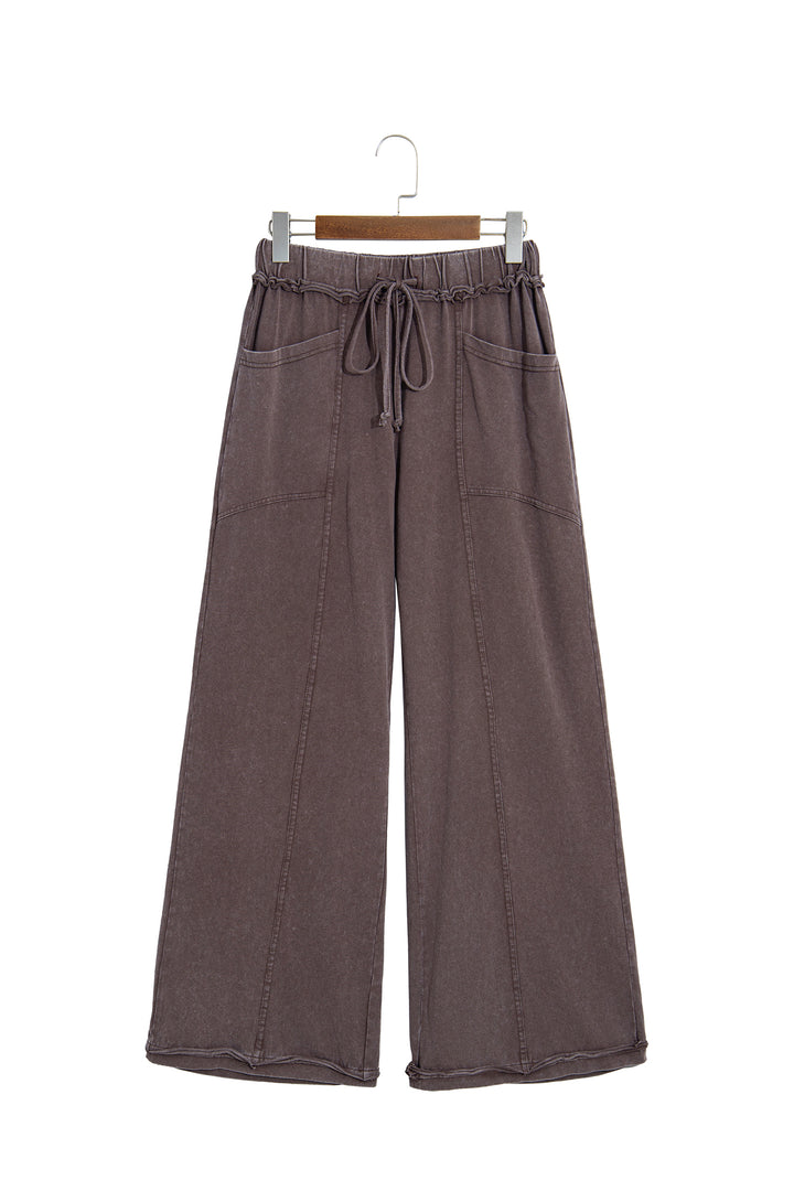 Coffee Mineral Wash Seam Detail Flare Leg Drawstring Pants