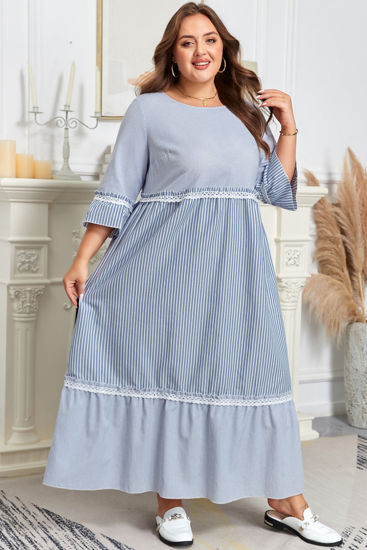 Sky Blue Stripe Crisscross Lace Detail Plus Size Shift Long Dress