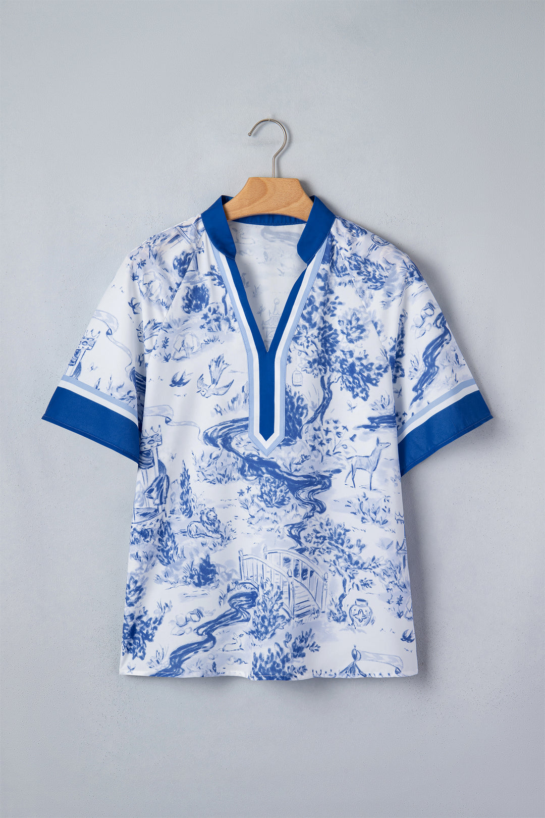 Blue Wild Animal Paradise Contrast V Neck Raglan Sleeve Blouse