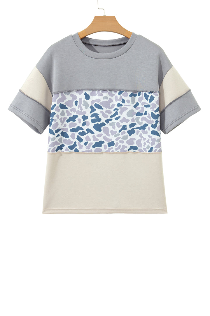 Gray Raw Seam Color Block Camouflage Patchwork Casual Tee