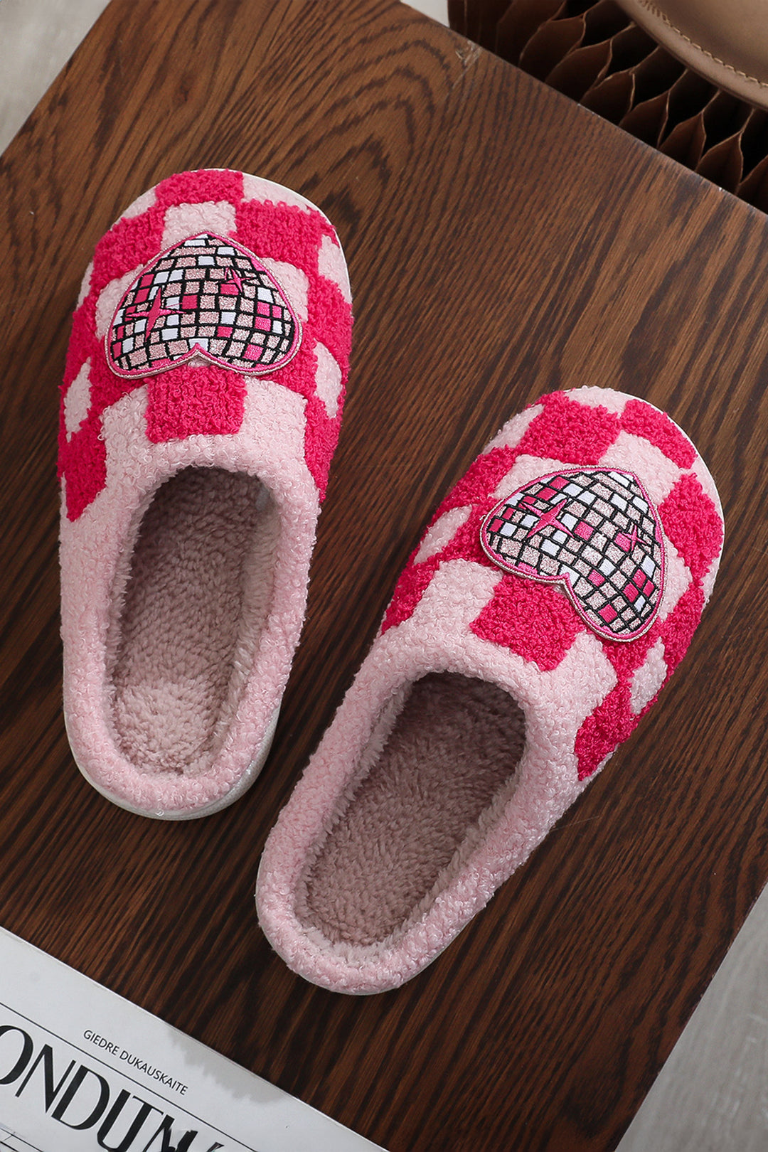 Disco Checkered Heart Plush Winter House Slippers