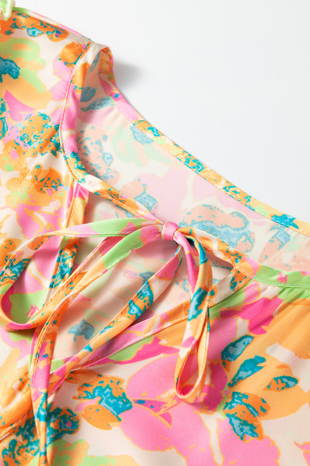 Split V Neck Short Sleeve Flower Blouse