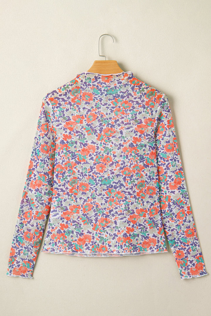 Blue Floral Print Slim Fit Mesh Long Sleeve Mock Neck Top