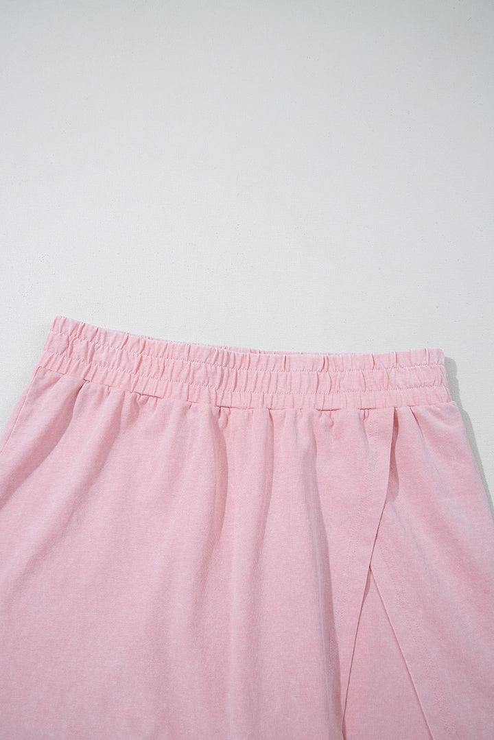 Light Pink Solid Color Washed Sleeveless Top Split Skort Cotton 2pcs Outfit