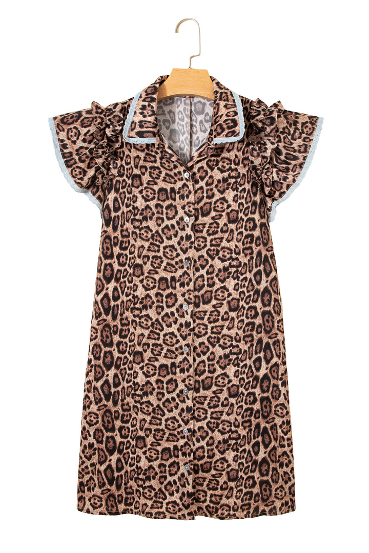 Khaki Leopard Print Lace Trim Shirt Collar Button Down Loose Mini Dress