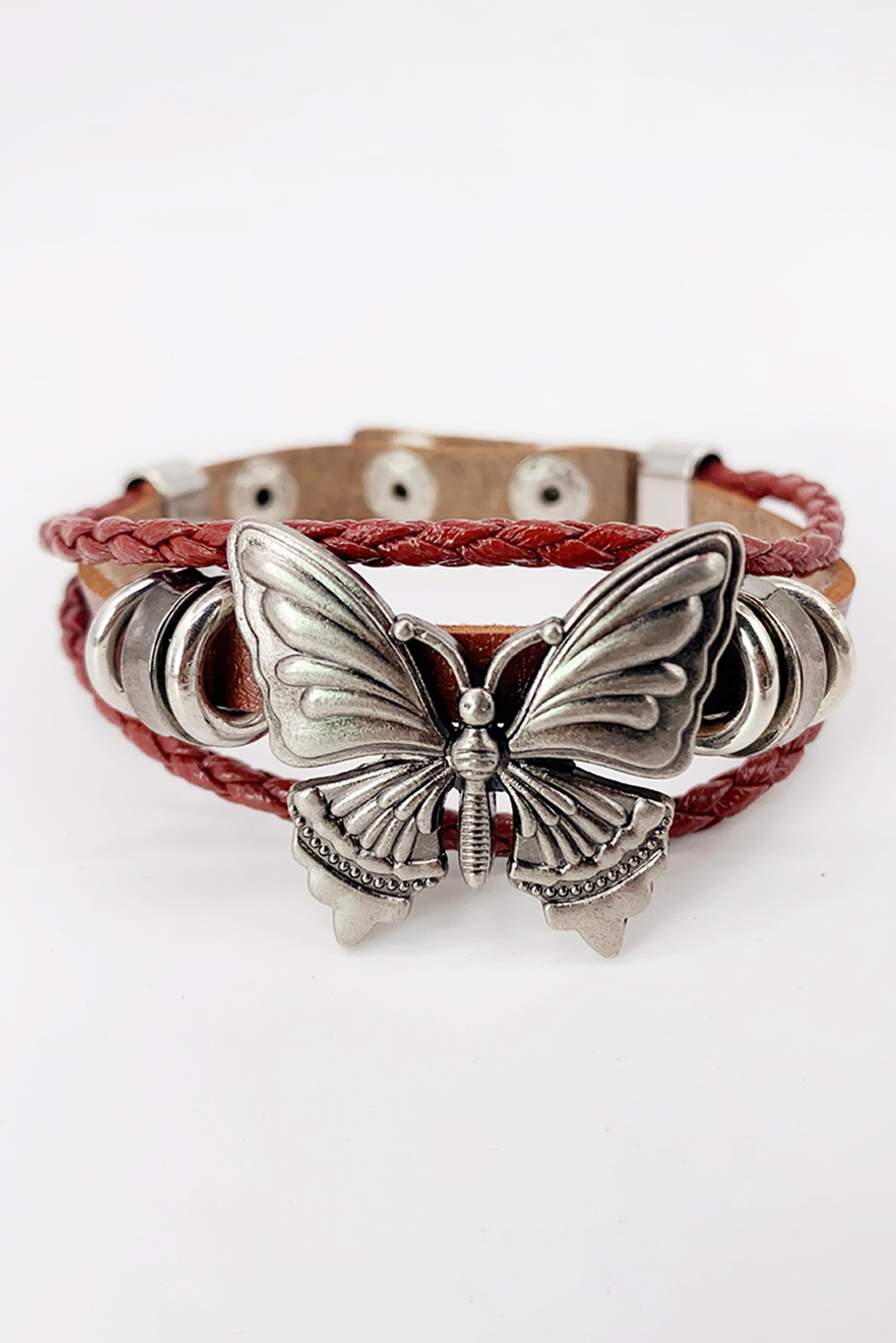 Bracelet à bouton-pression tressé en similicuir exotique avec décor papillon rétro 